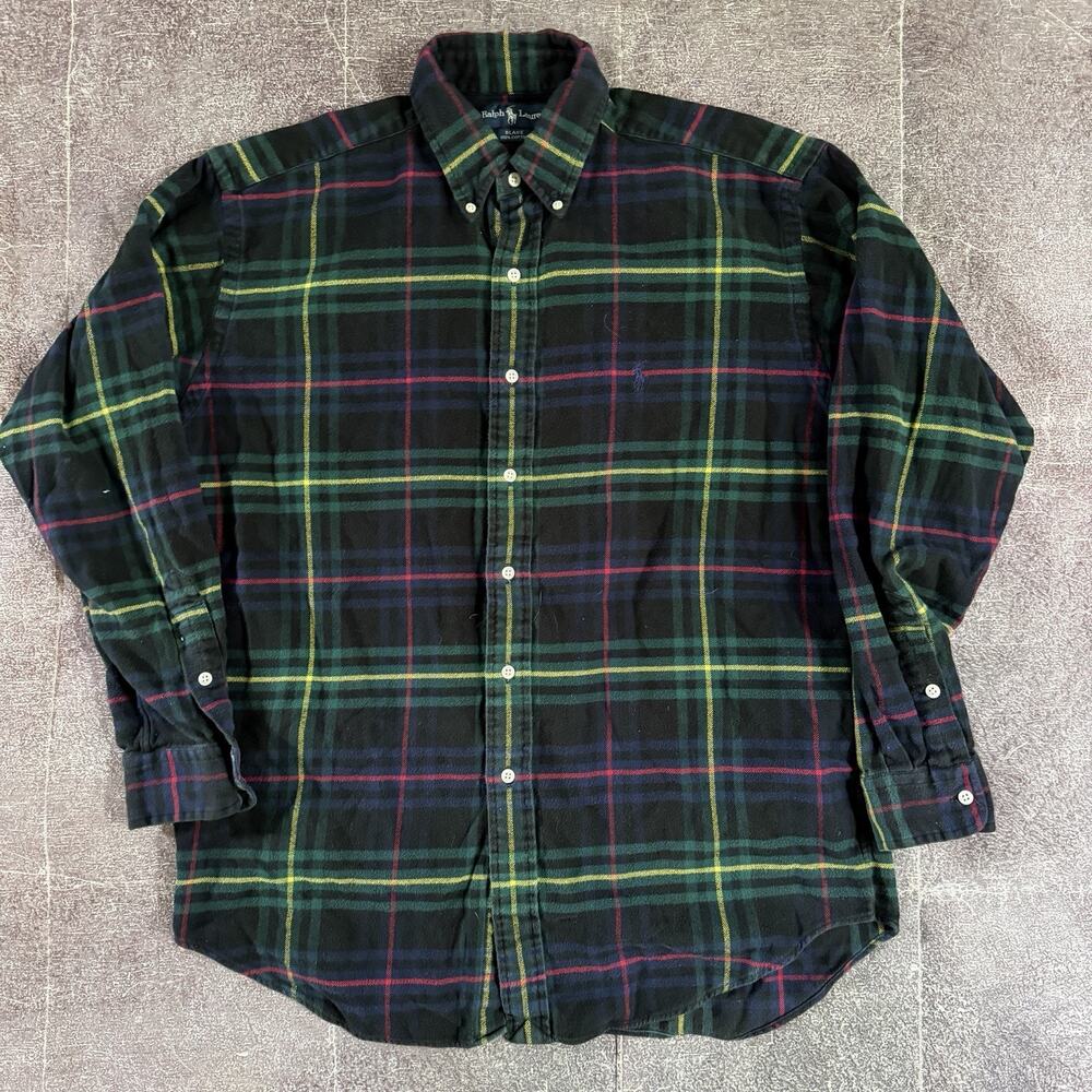 Men's Vintage 90's Ralph Lauren Black Forest Green Flannel Long Sleeve Polo Sz M